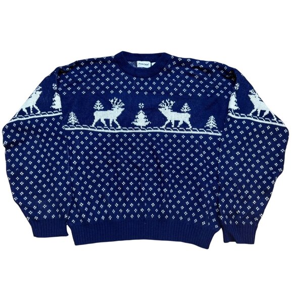 Vintage 90s Blue Fair Isle Reindeer Pattern Sweater XL - Picture 1 of 6